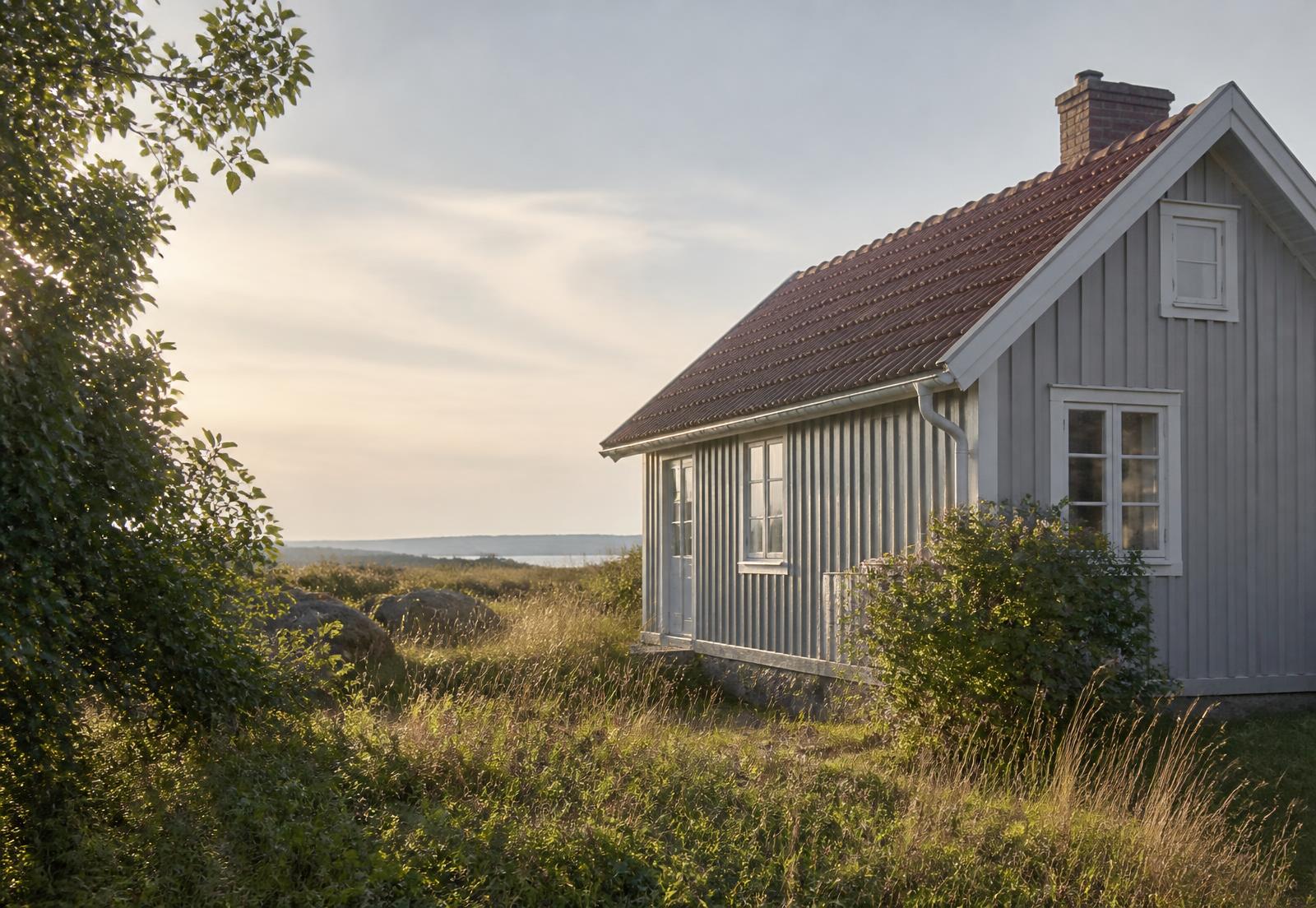 Grå trästuga i kustlandskap i Halland
